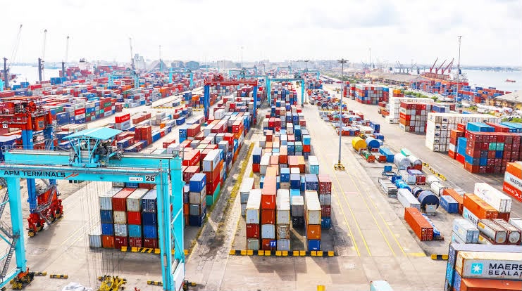 Port terminal with cranes and container stacks